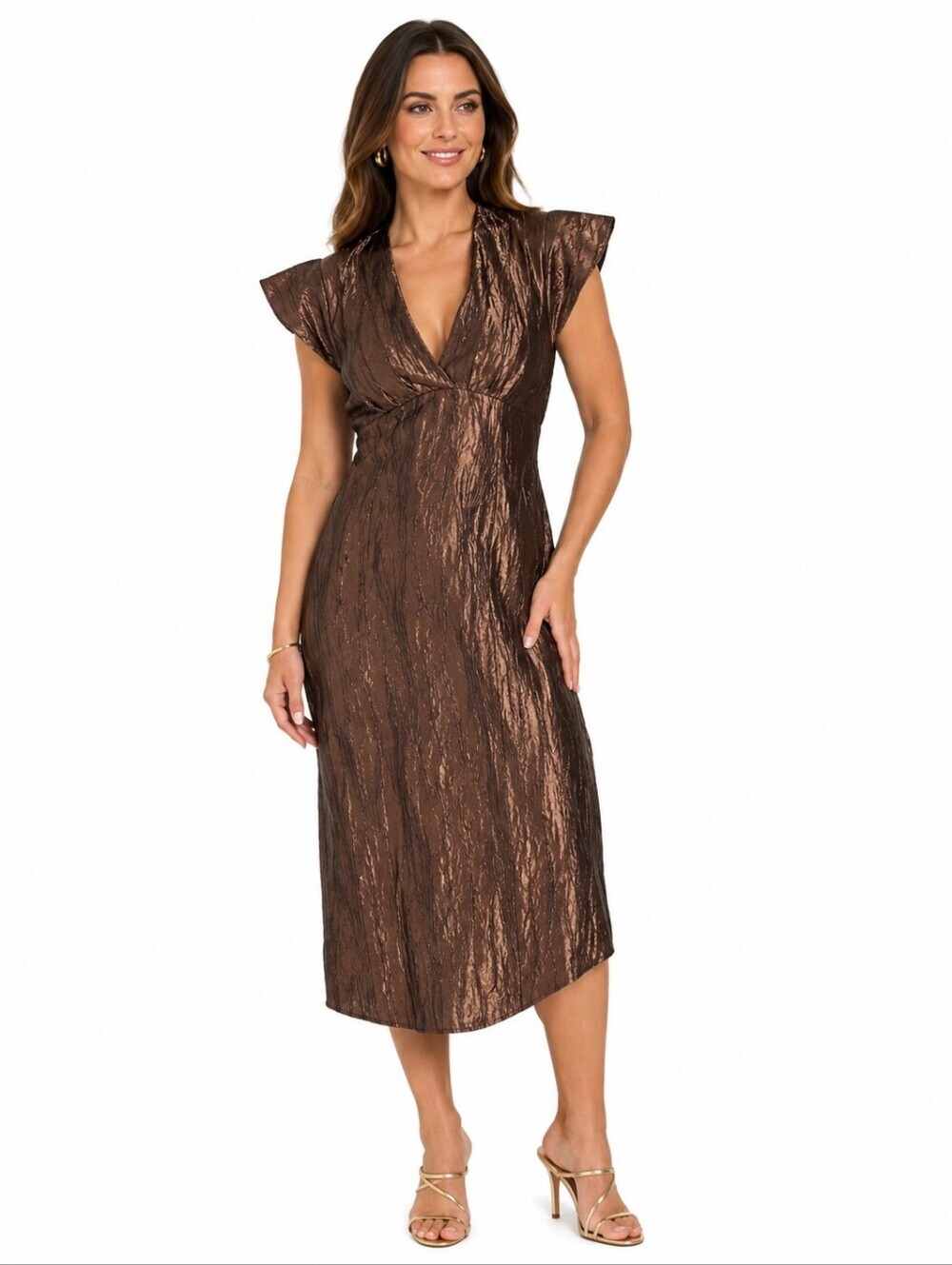 Joseph Ribkoff Bronze Metallic Crinkle Sheath Cocktail Dress Size 8 Vintage